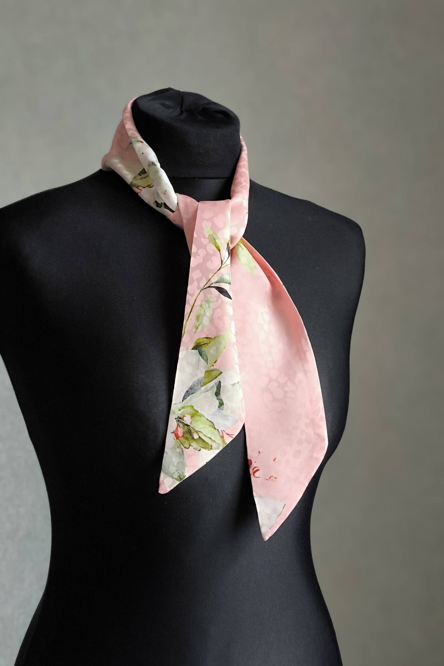 Silk Ribbon/ Neck and Hair Scarf, Short Pink Floral