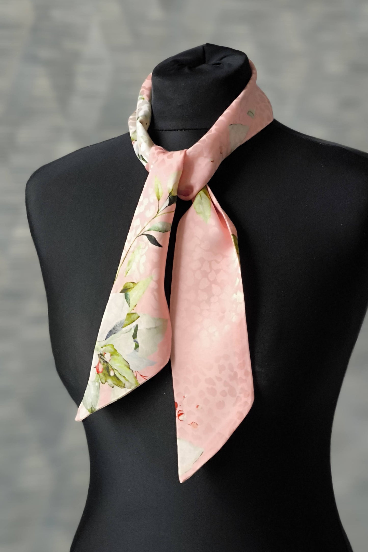 Silk Ribbon/ Neck and Hair Scarf, Short Pink Floral