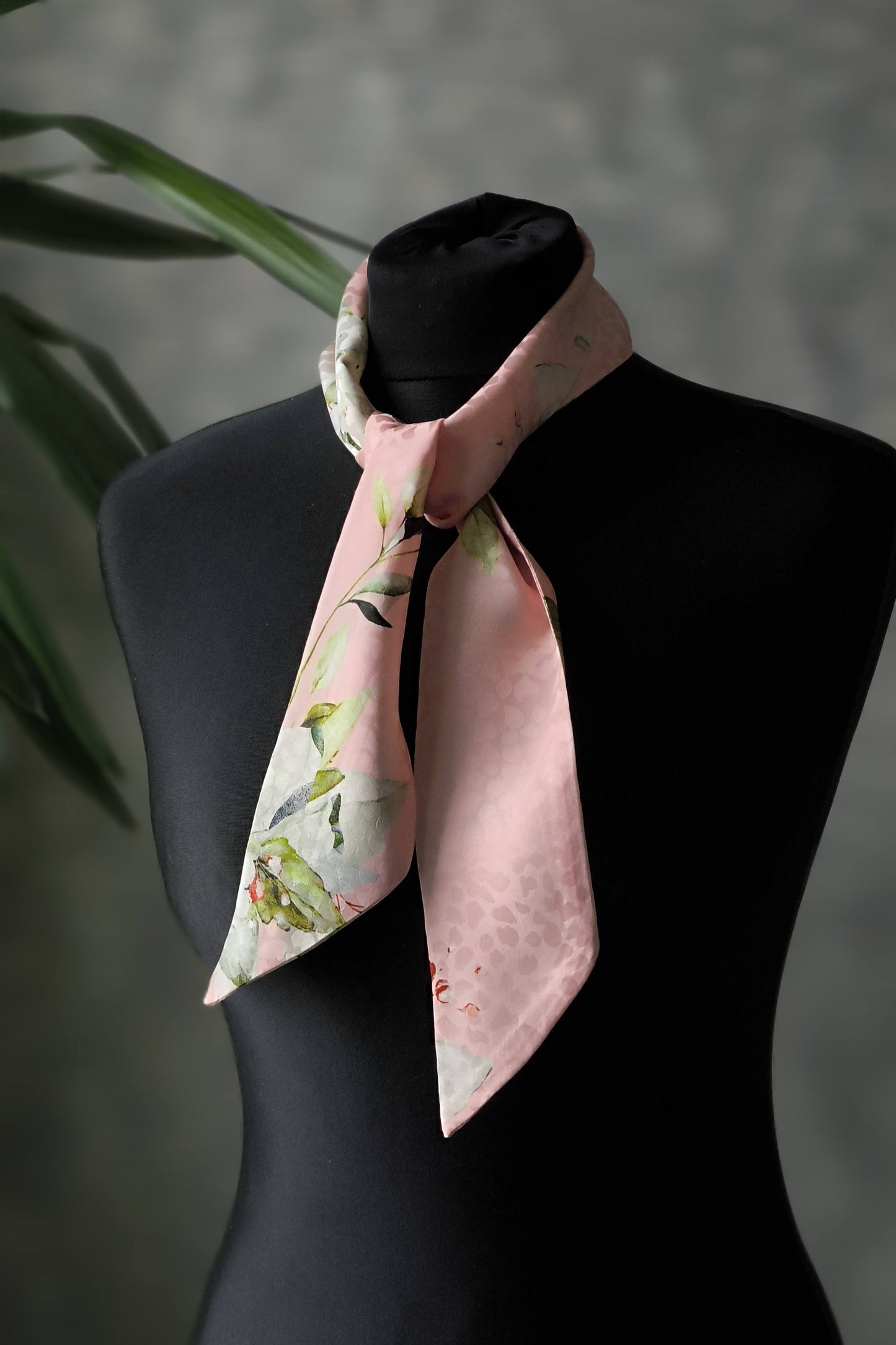Silk Ribbon/ Neck and Hair Scarf, Short Pink Floral