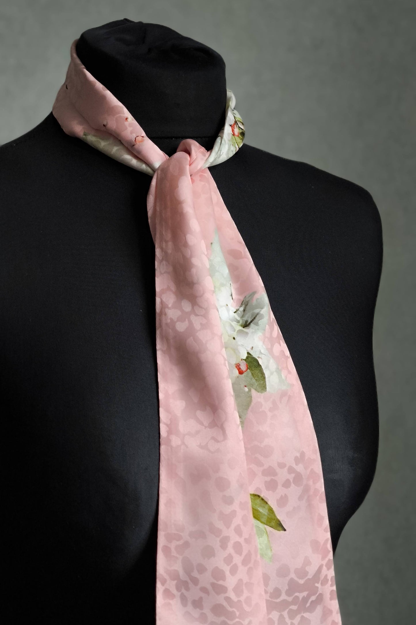 Silk Ribbon/ Neck and Hair Scarf, Long Pink Floral