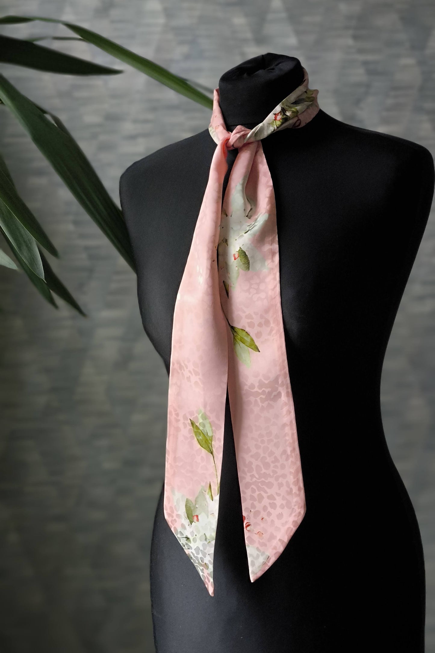 Silk Ribbon/ Neck and Hair Scarf, Long Pink Floral