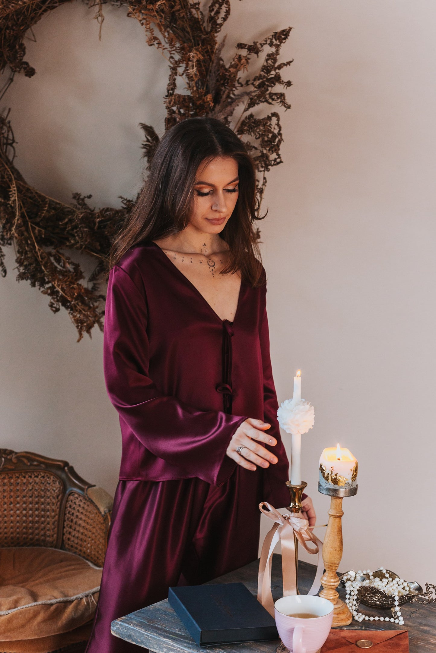 Silk Top with Ties at front and trousers, "Emma" Bordeaux