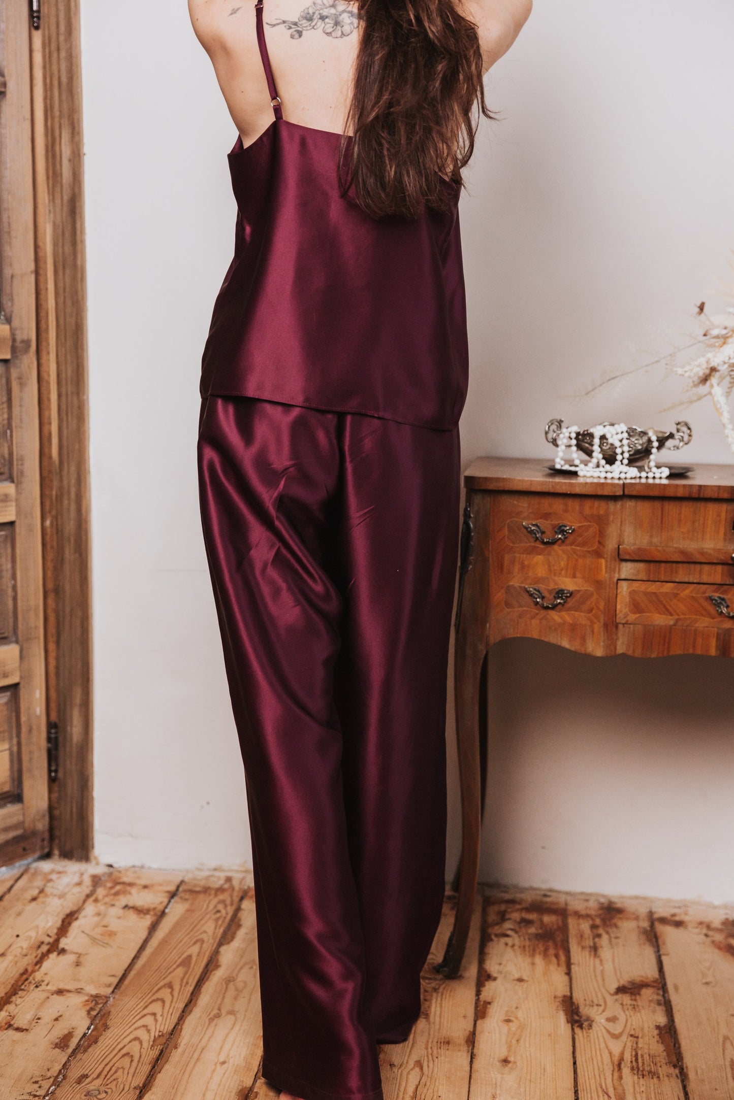 Silk Top with Ties at front and trousers, "Aurora" Bordeaux