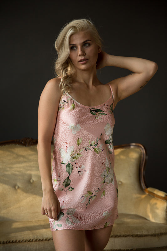Silk nightgown with Floral Pattern, Peach