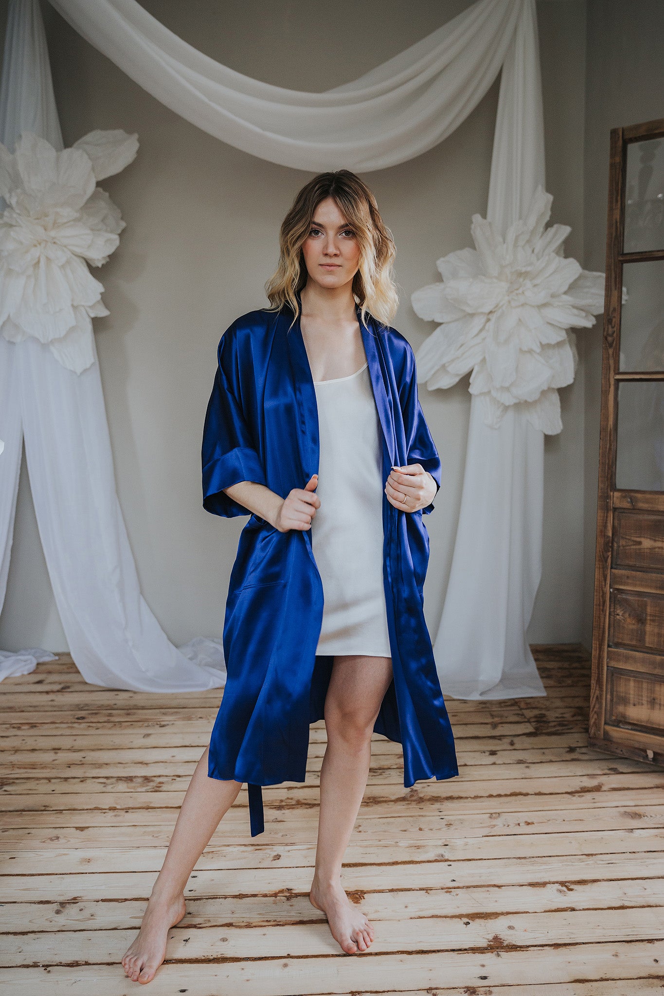 Silk Kimono style long Robe with Pockets, Navy Blue Silk