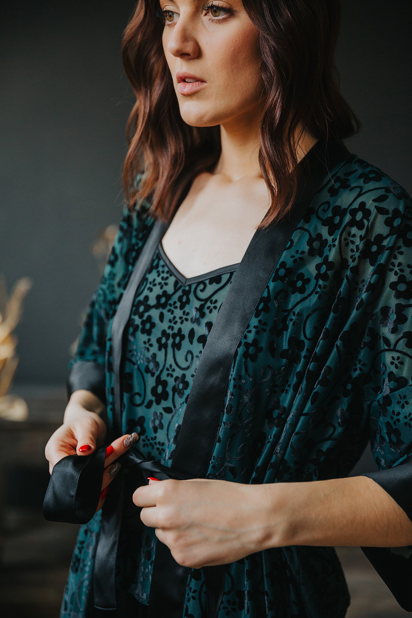 Silk pajama with Velvet Floral Print, Black