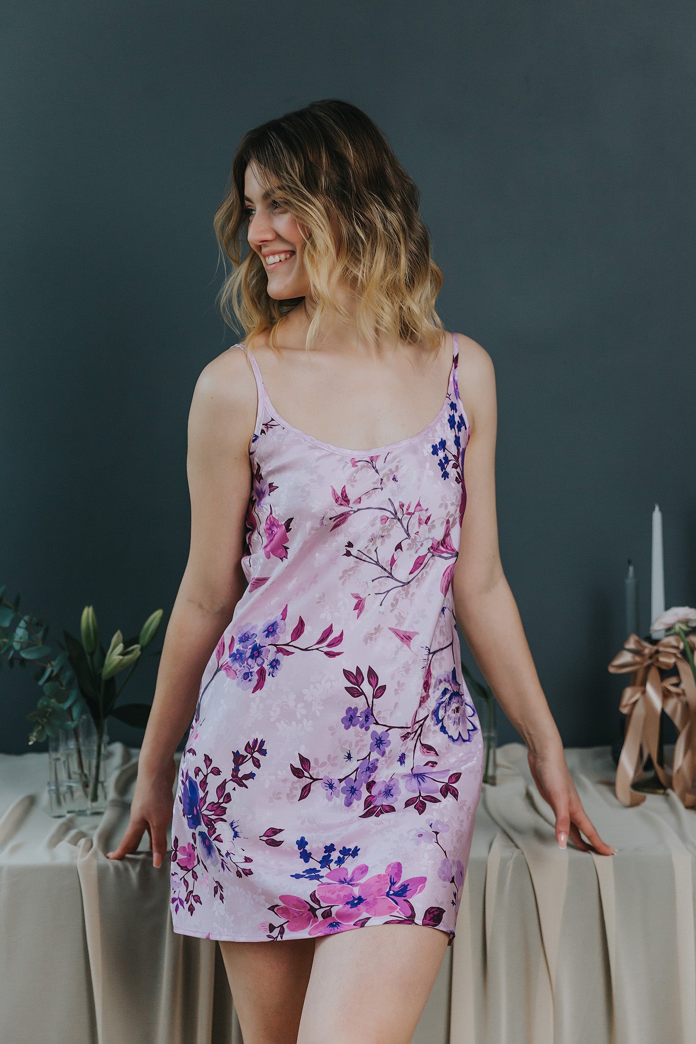 Silk nightgown with Floral Pattern, Lavender