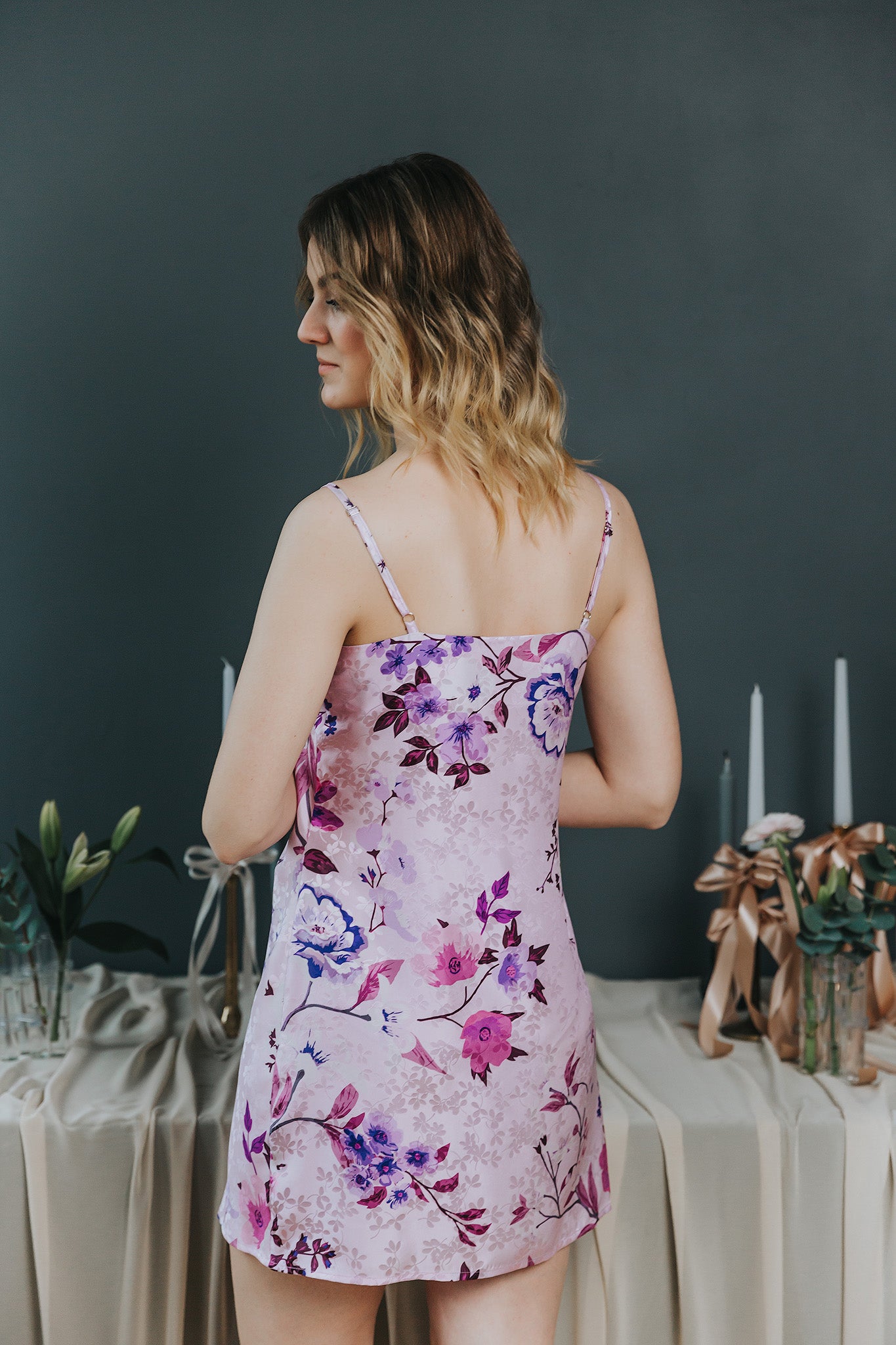 Silk nightgown with Floral Pattern, Lavender