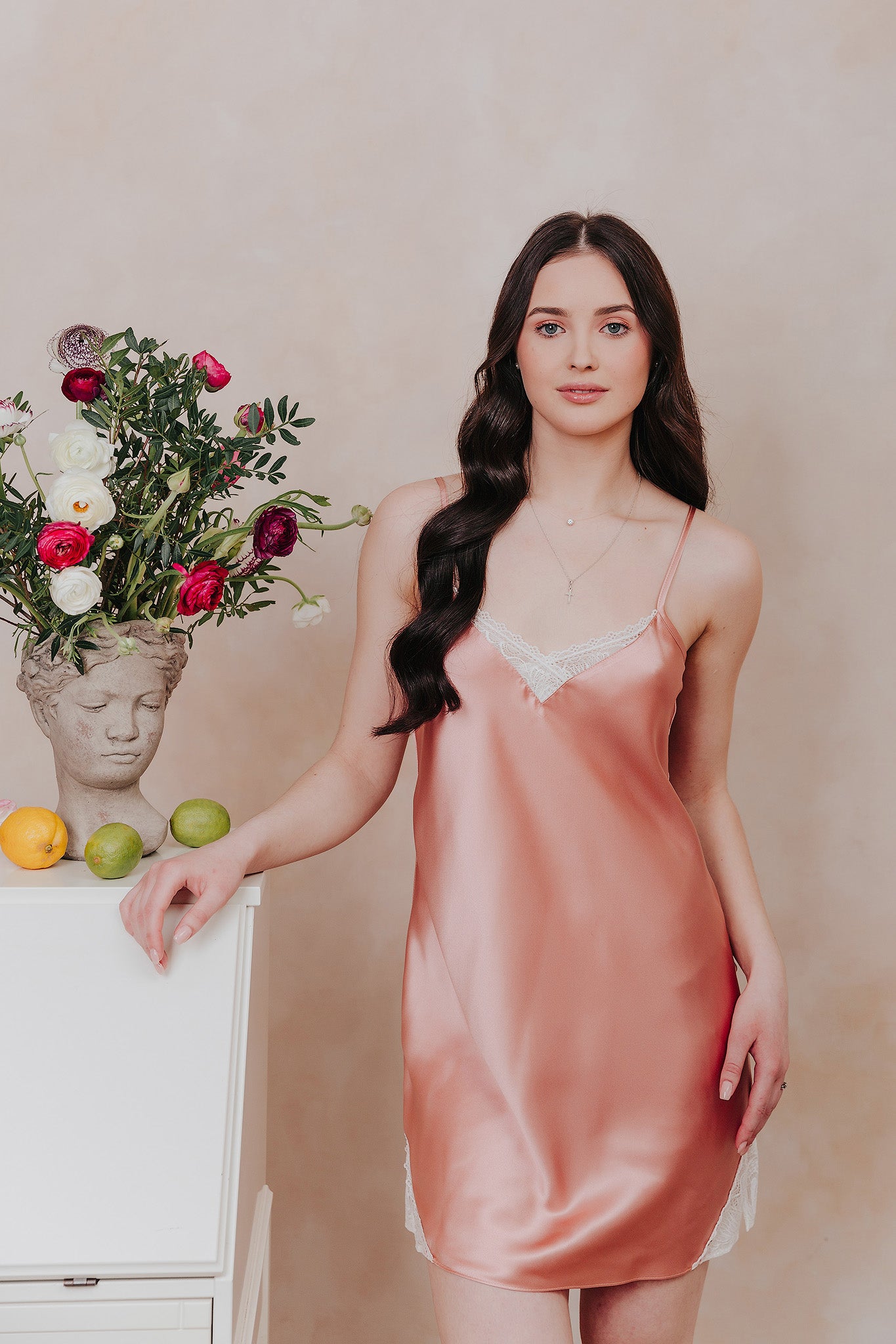 Silk slip nightgown with lace, Rose Pink