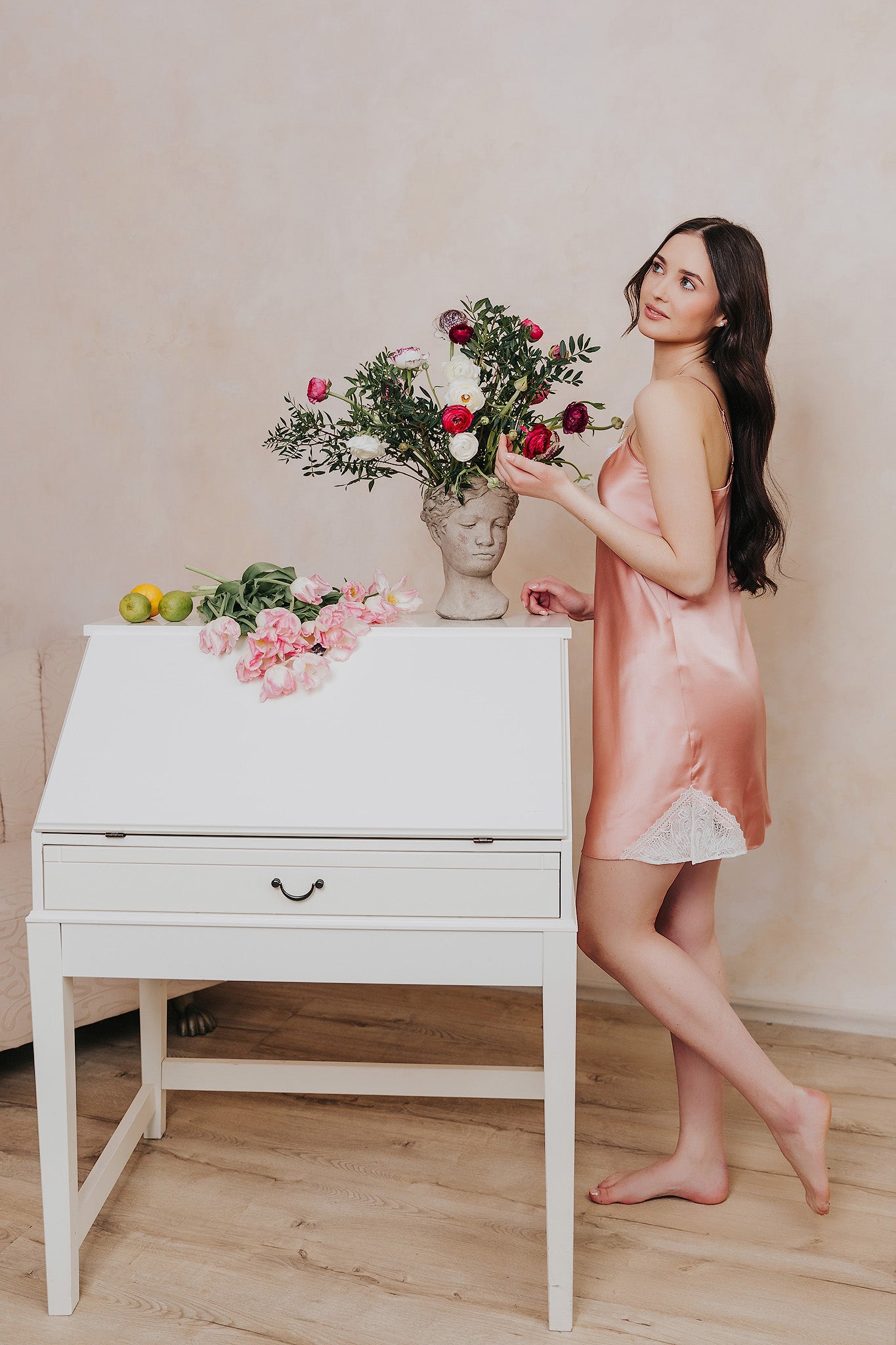 Silk slip nightgown with lace, Rose Pink