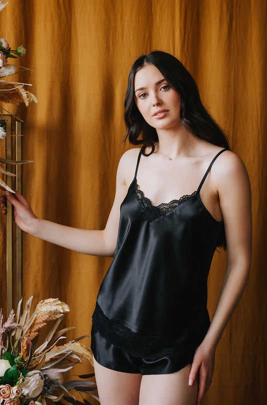 Silk pajama with lace, Black