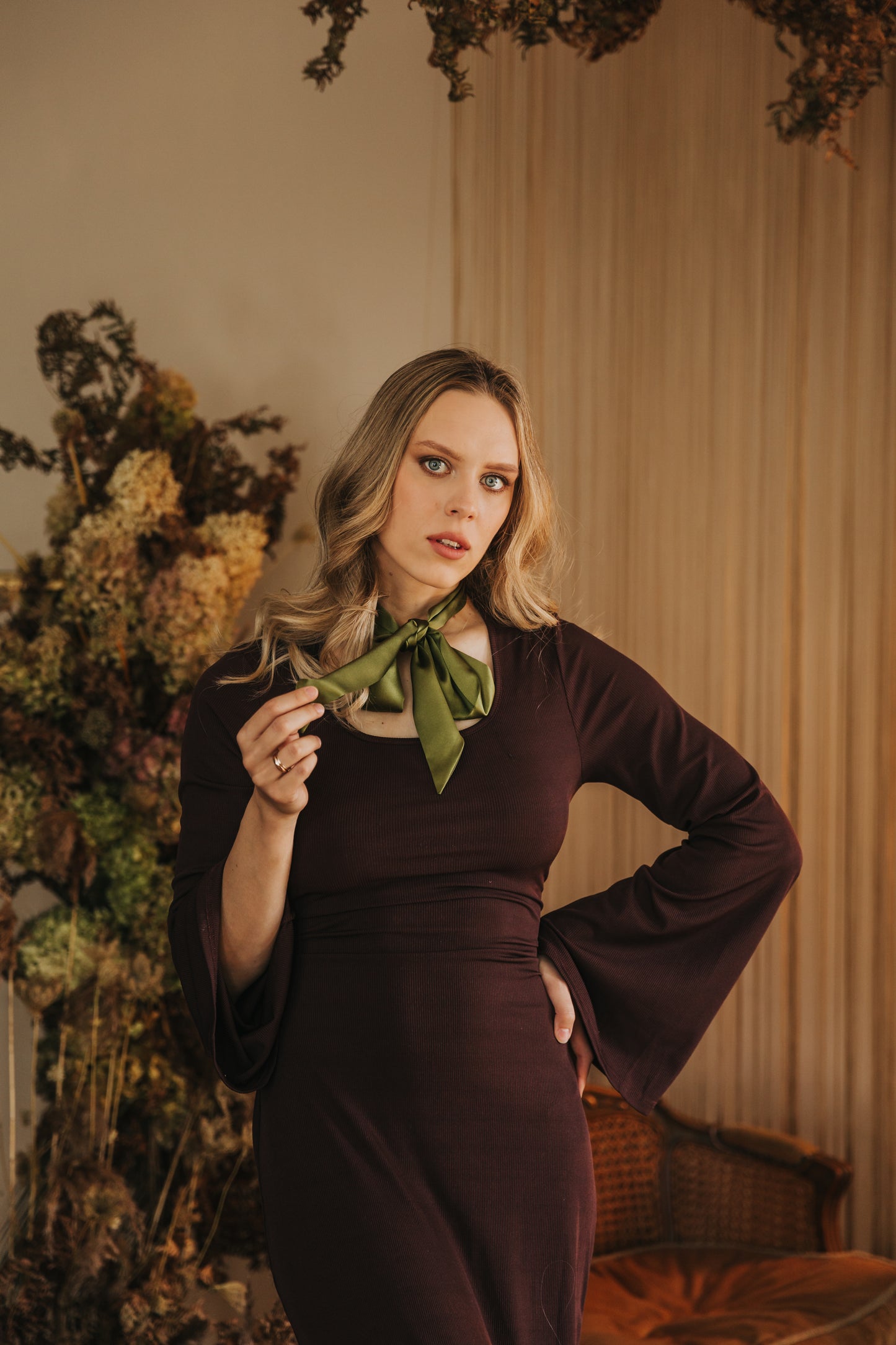Silk Ribbon/ Neck and Hair Scarf (140 cm), Pesto green