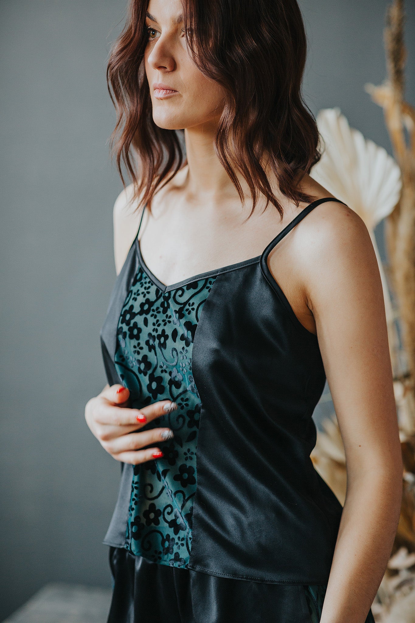 Silk pajama with Velvet Floral Print, Black