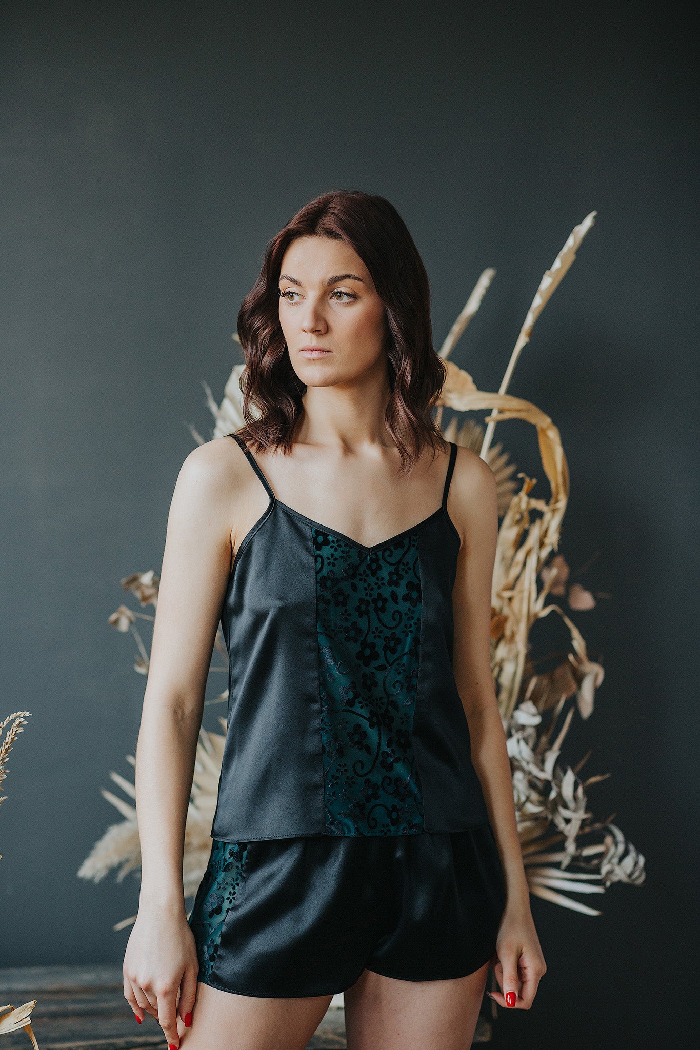 Silk pajama with Velvet Floral Print, Black