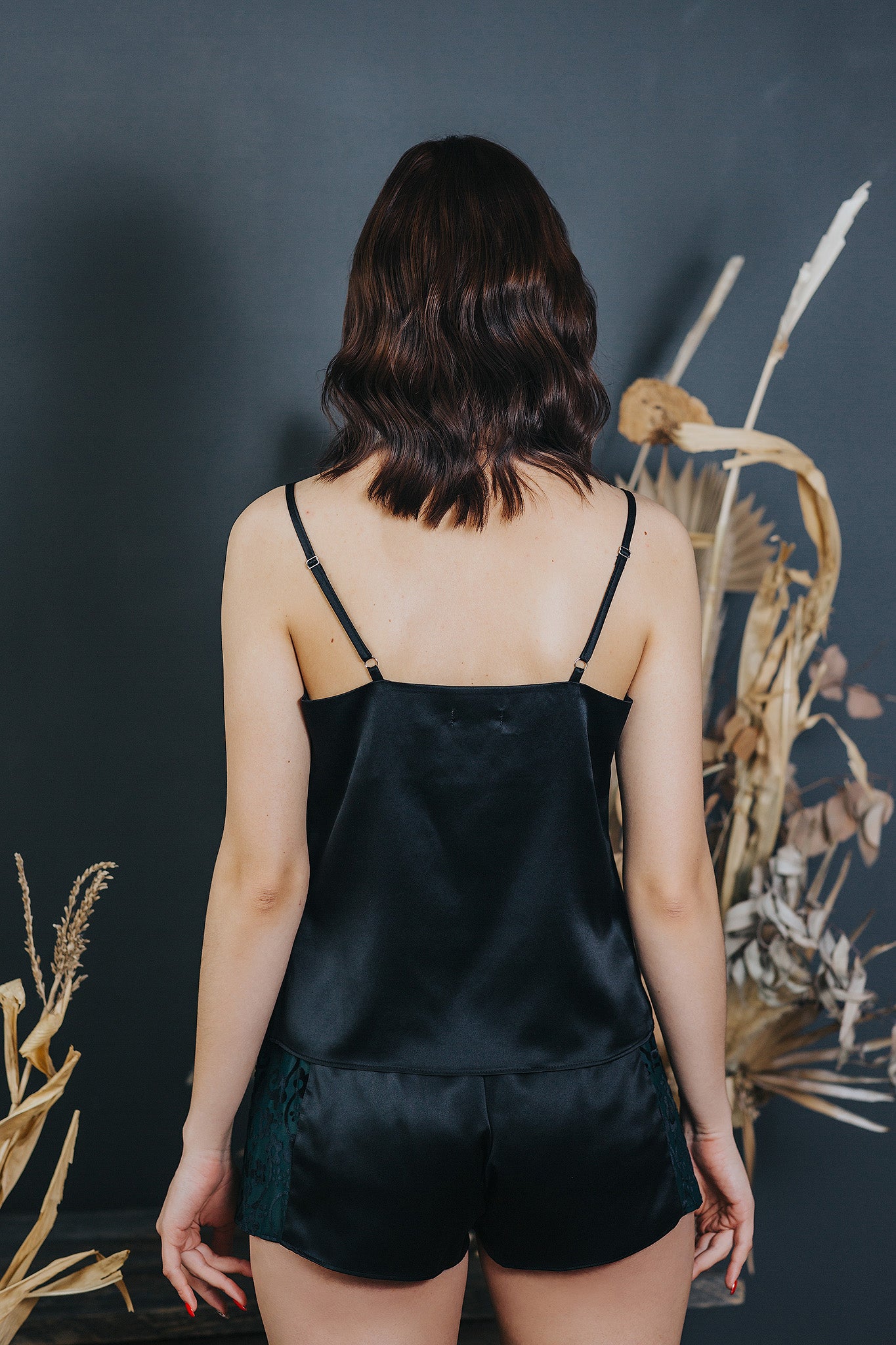 Silk pajama with Velvet Floral Print, Black