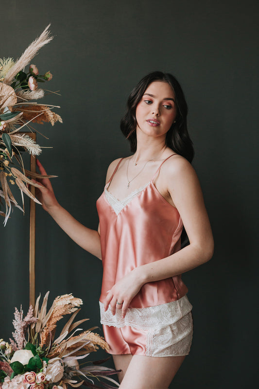 Silk pajama with lace, Rose Pink