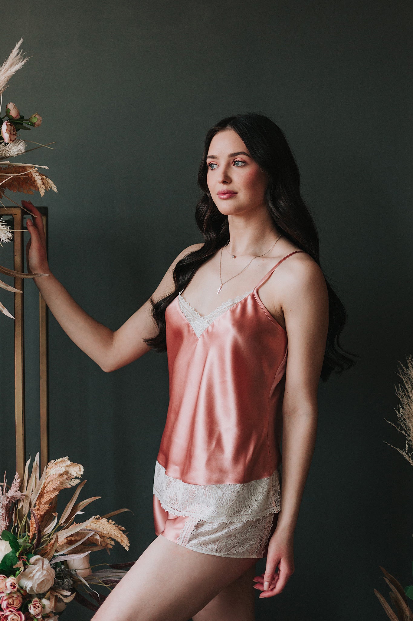 Silk pajama with lace, Rose Pink