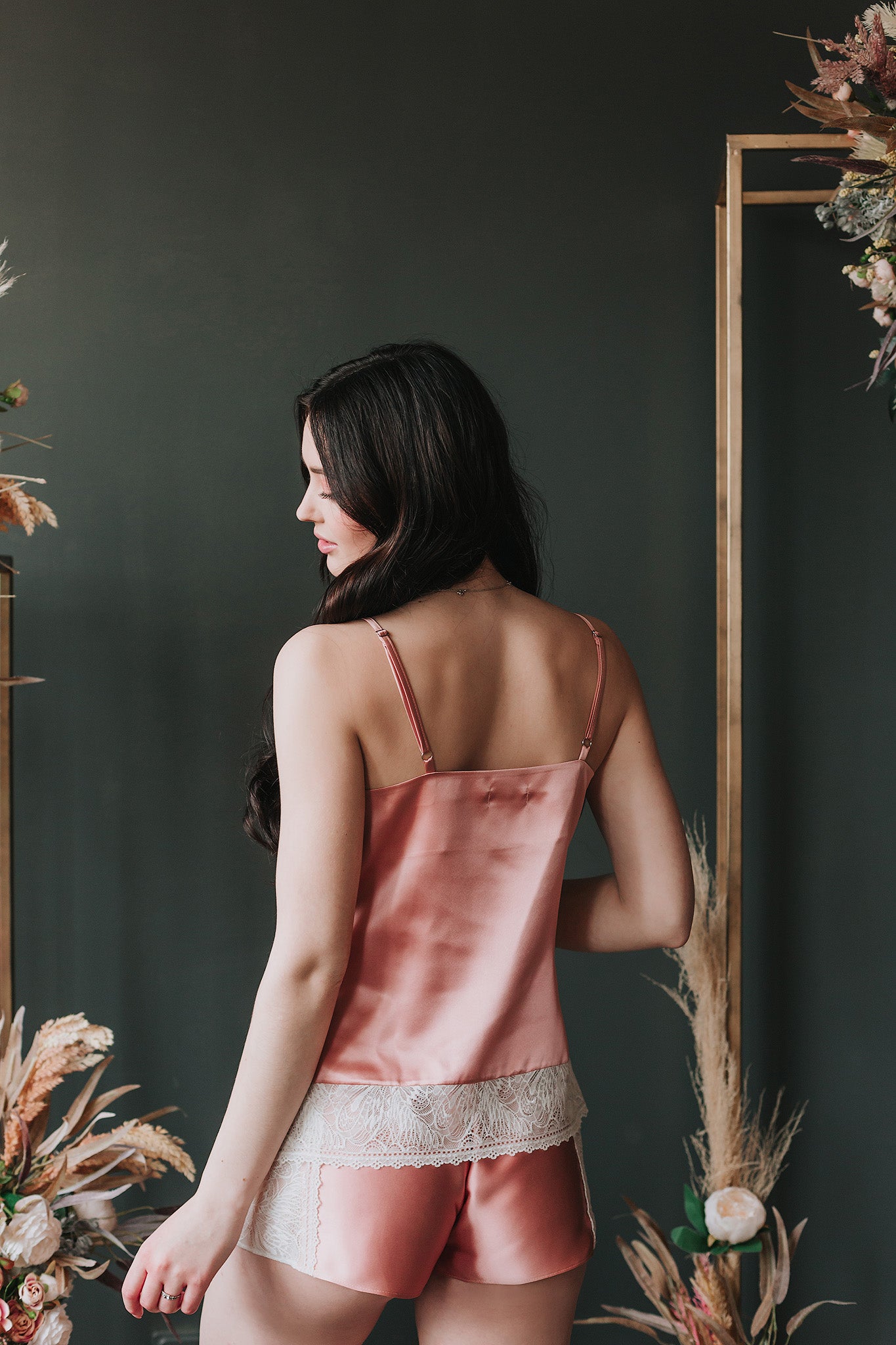 Silk pajama with lace, Rose Pink