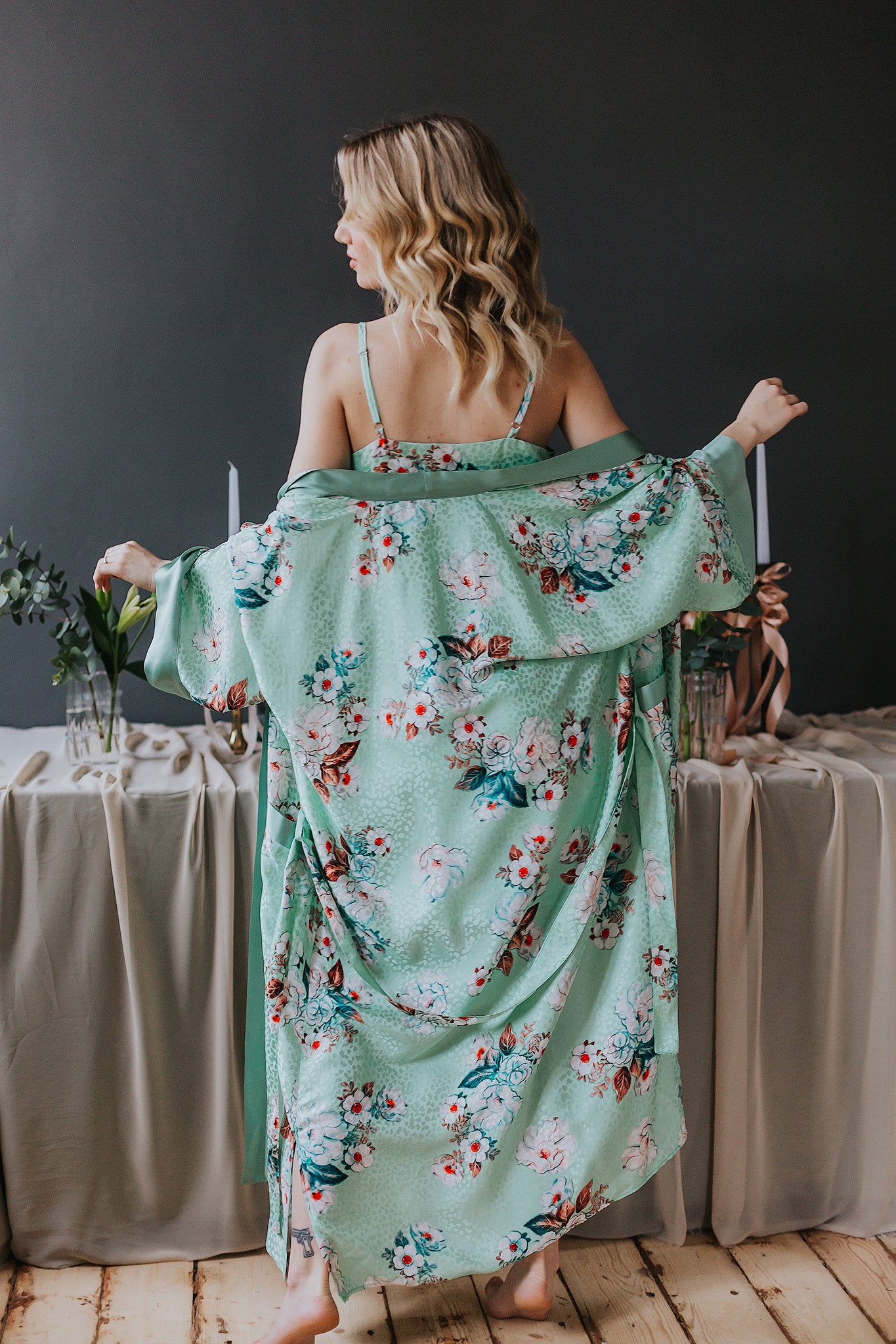 Mint color silk robe with floral pattern for womens loungewear