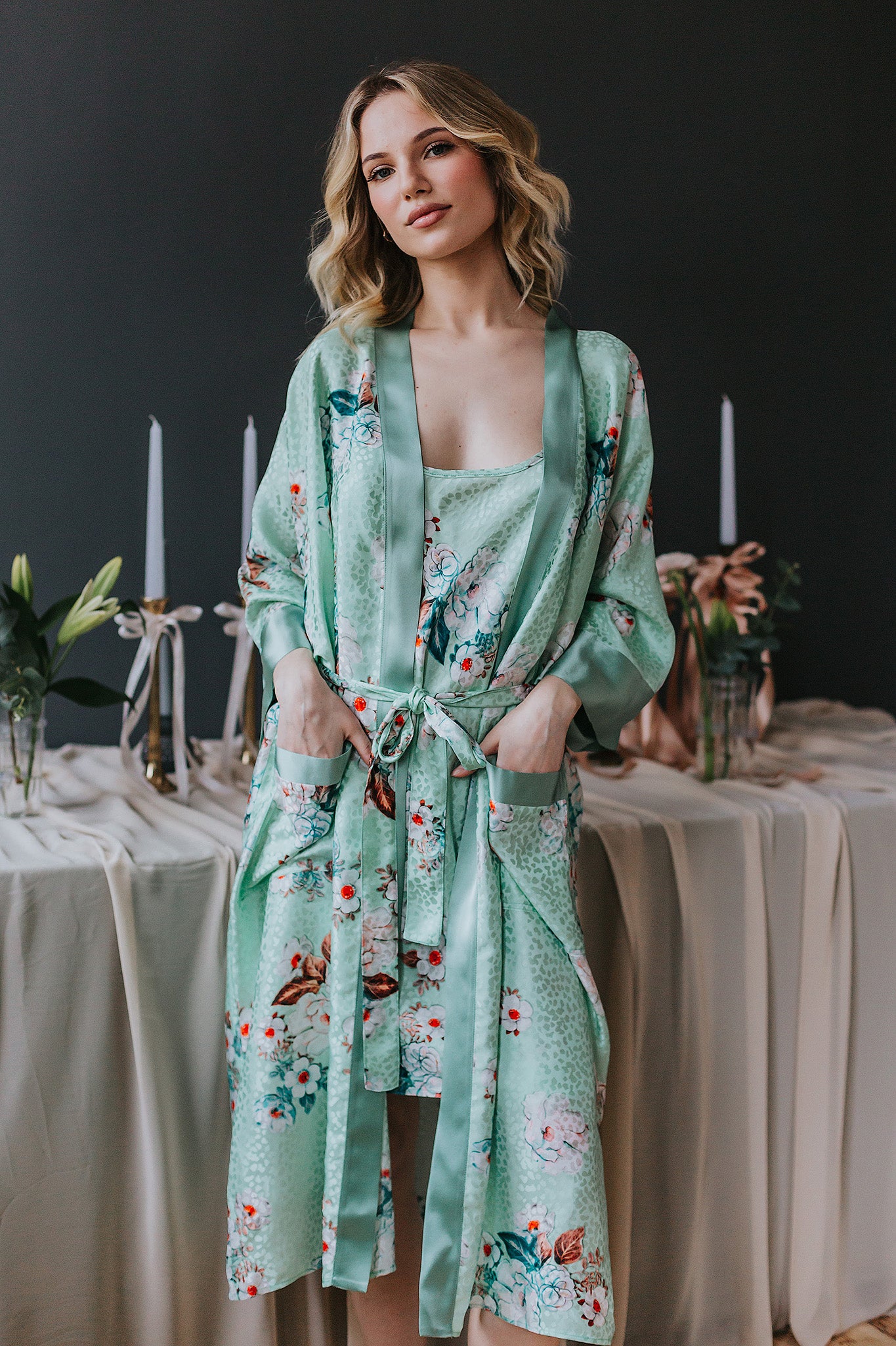 Mint krāsas zīda žakarda halāts un naktsrekls sievietēm, zīda nakts veļa