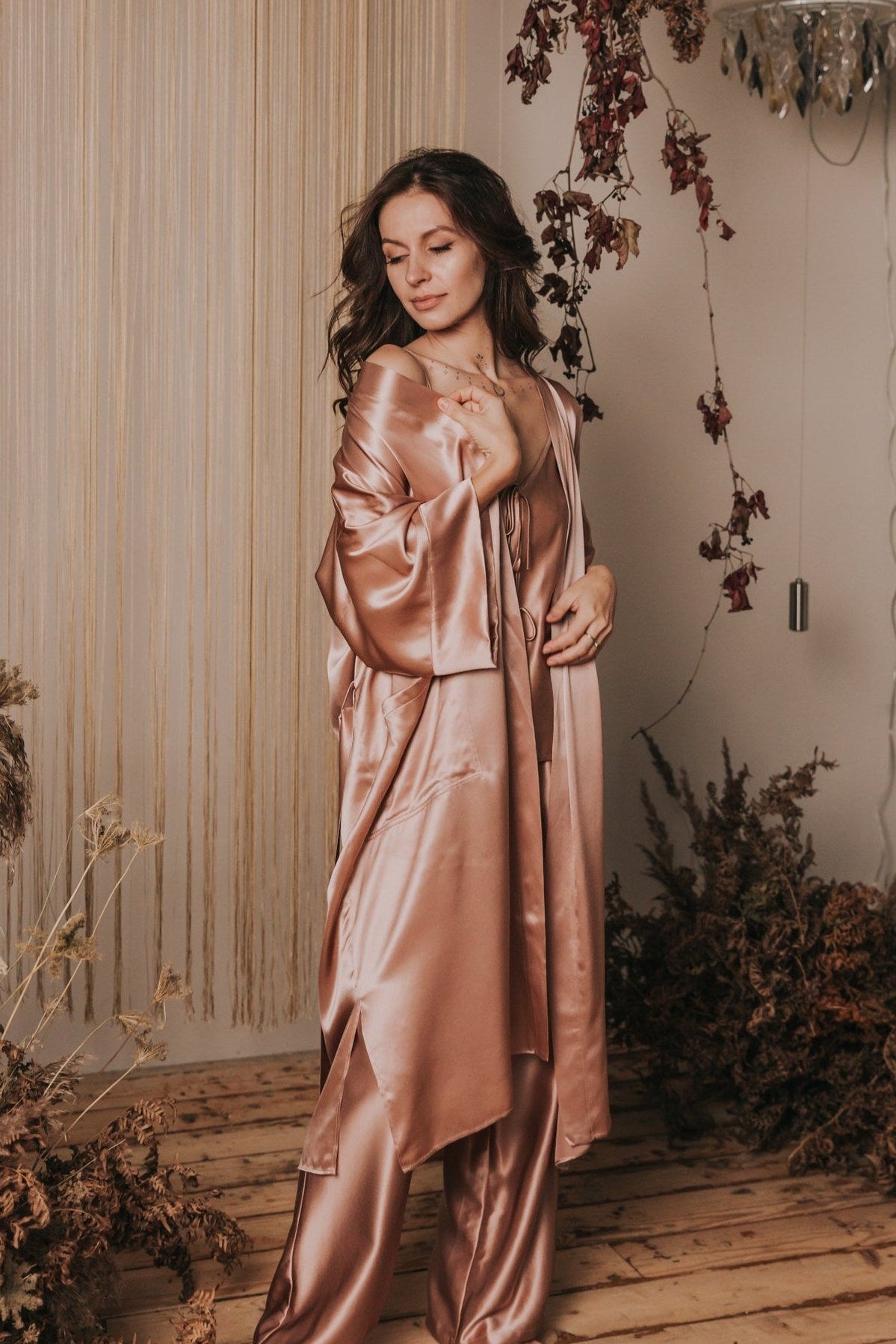 Silk Kimono style long Robe with Pockets, Rose Gold / Silk Nightwear –  Justīne Valdmane
