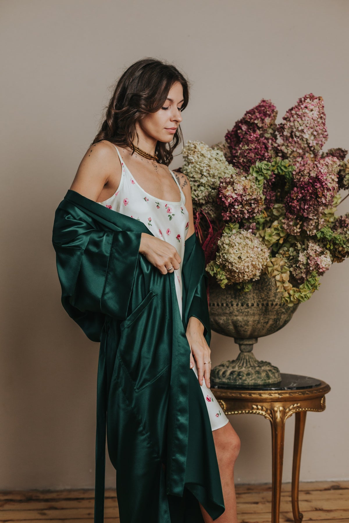 Kimono style long Silk Robe with Pockets, Green