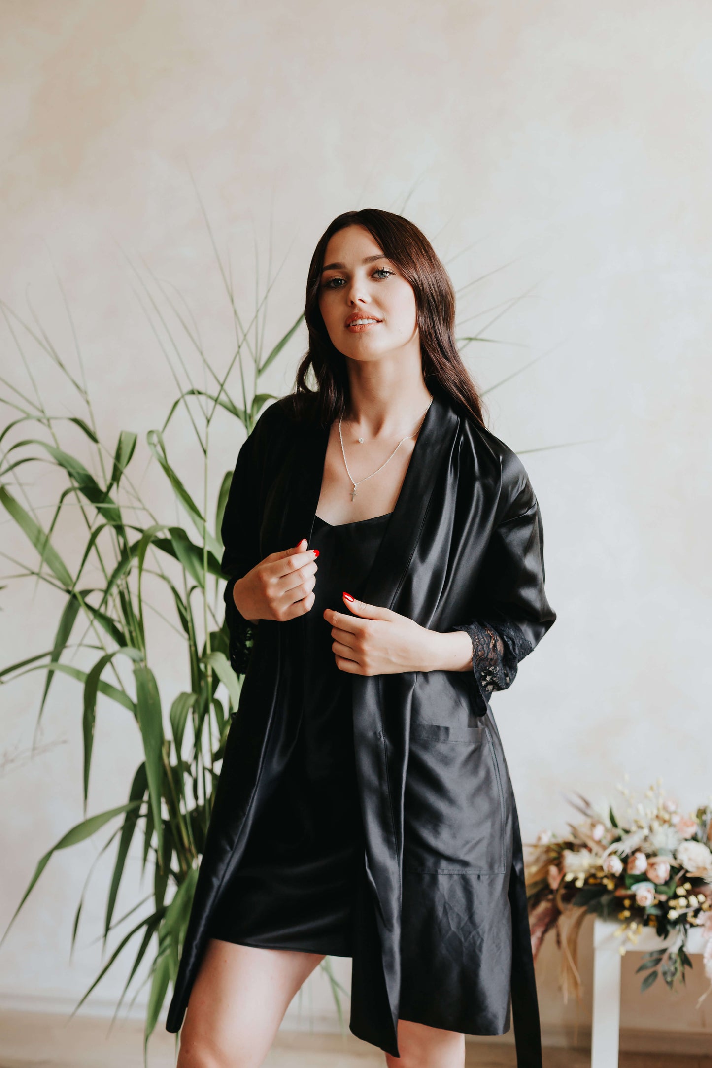 Silk robe with lace, Black