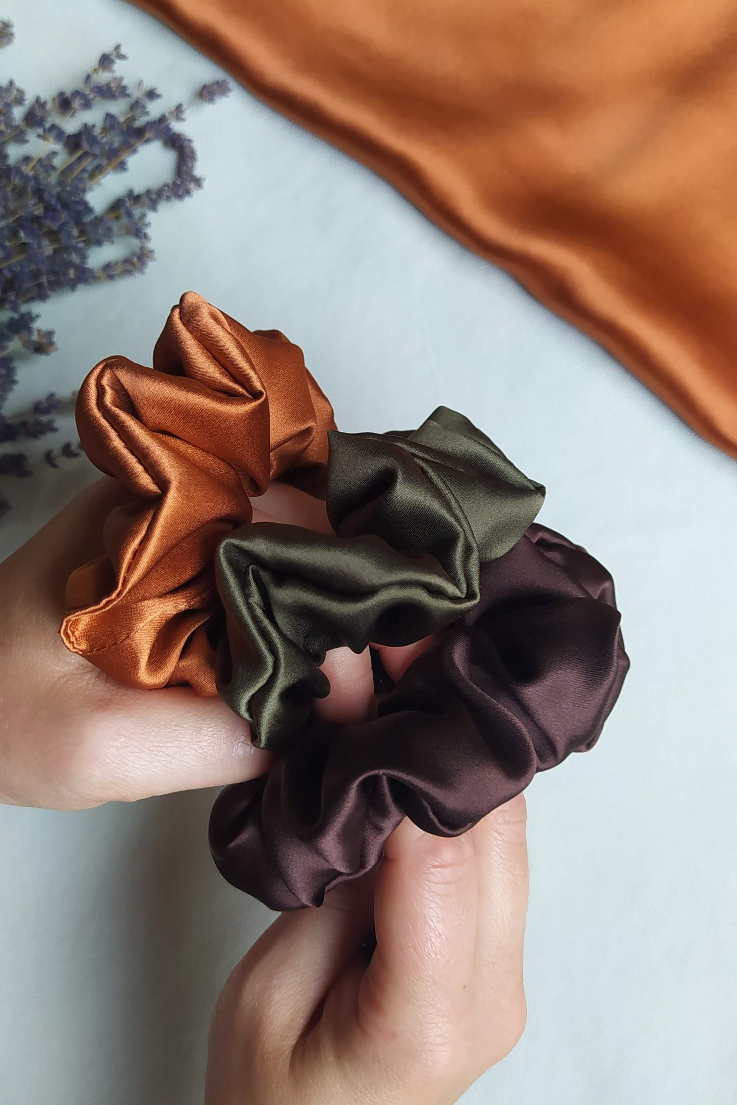 Set of 3 pcs silk hair scrunchies - "Autumn"
