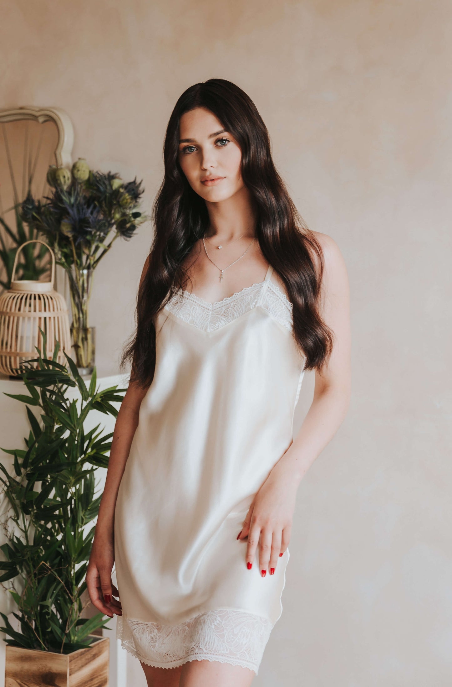 Silk nightgown with lace, Champagne