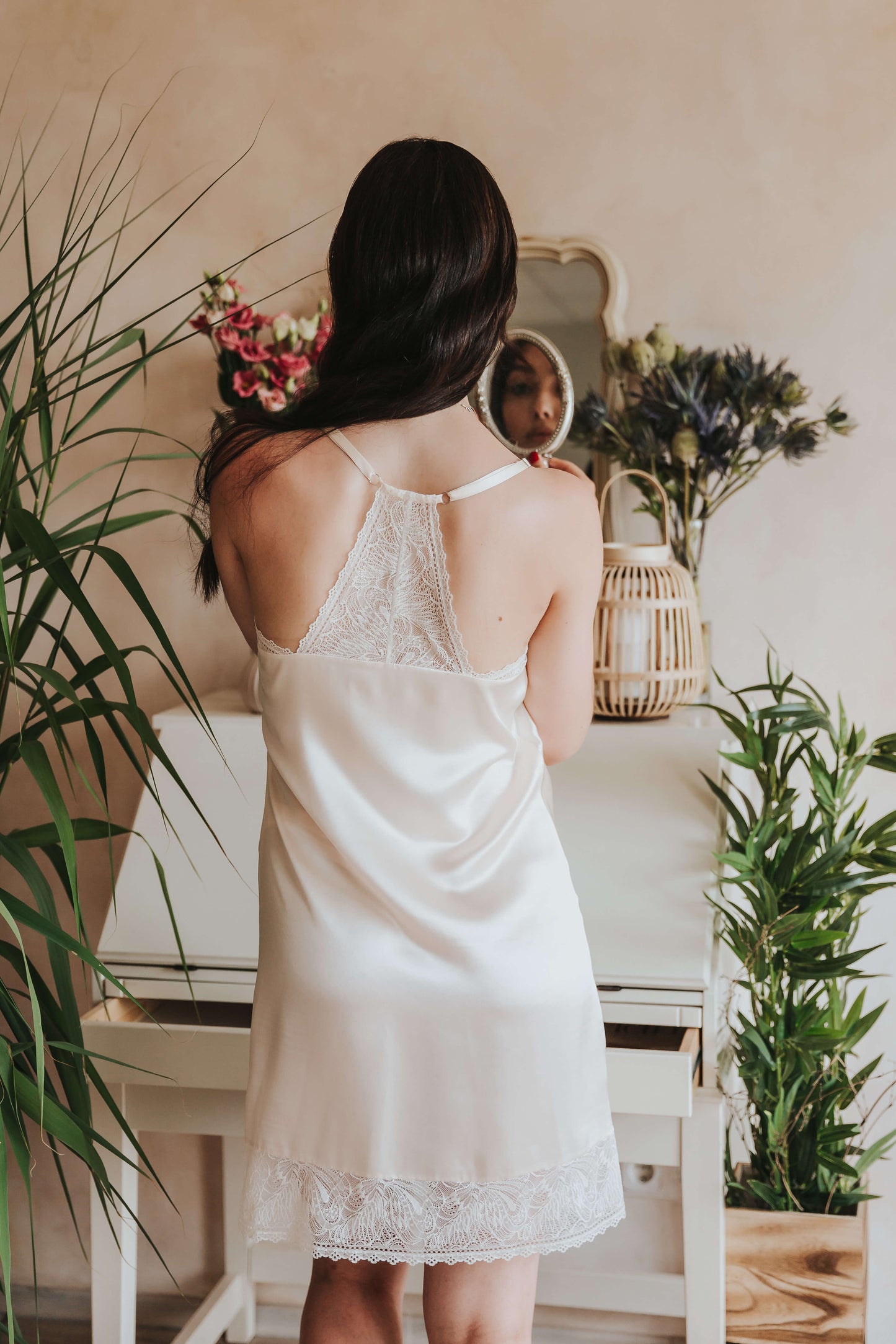 Silk nightgown with lace, Champagne