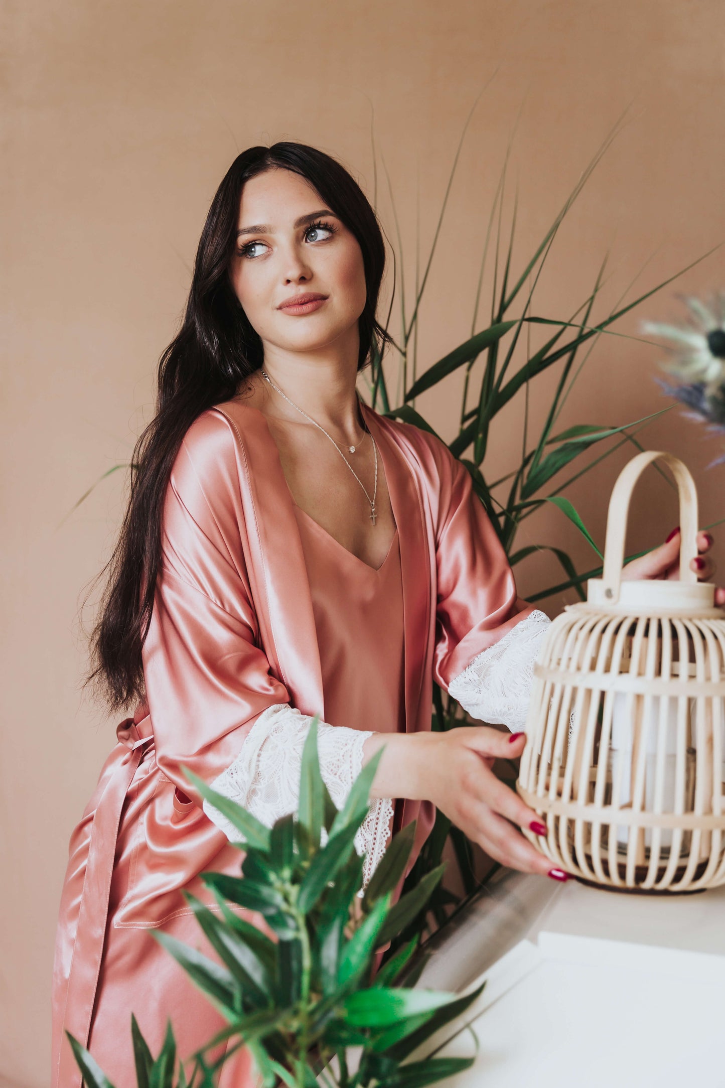 Silk robe with lace, Rose pink