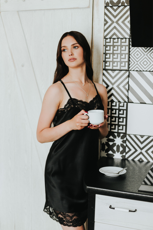 Silk nightgown with lace neckline and hemline, Black