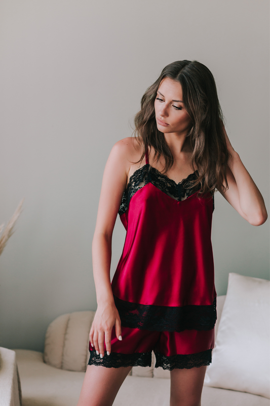 Silk pajama with black lace, Wine Red