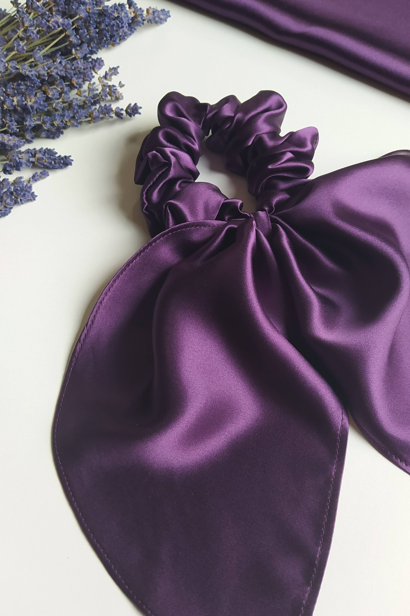 Silk hair scrunchie with bow, Purple