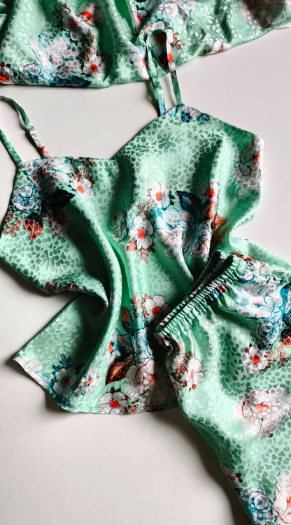 Silk pajama with Floral Pattern, Mint Green