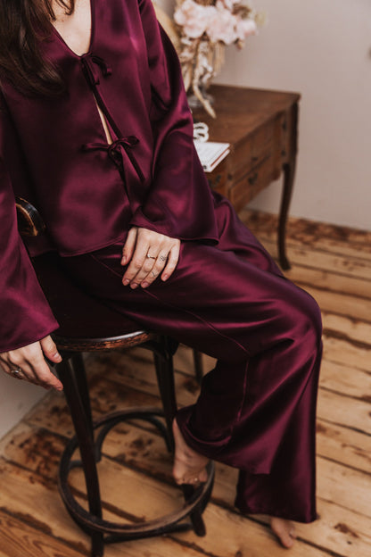 Silk Top with Ties at front and trousers, "Emma" Bordeaux