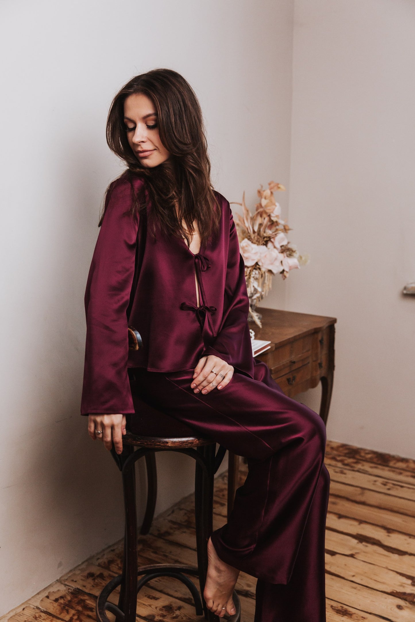 Silk Top with Ties at front and trousers, "Emma" Bordeaux