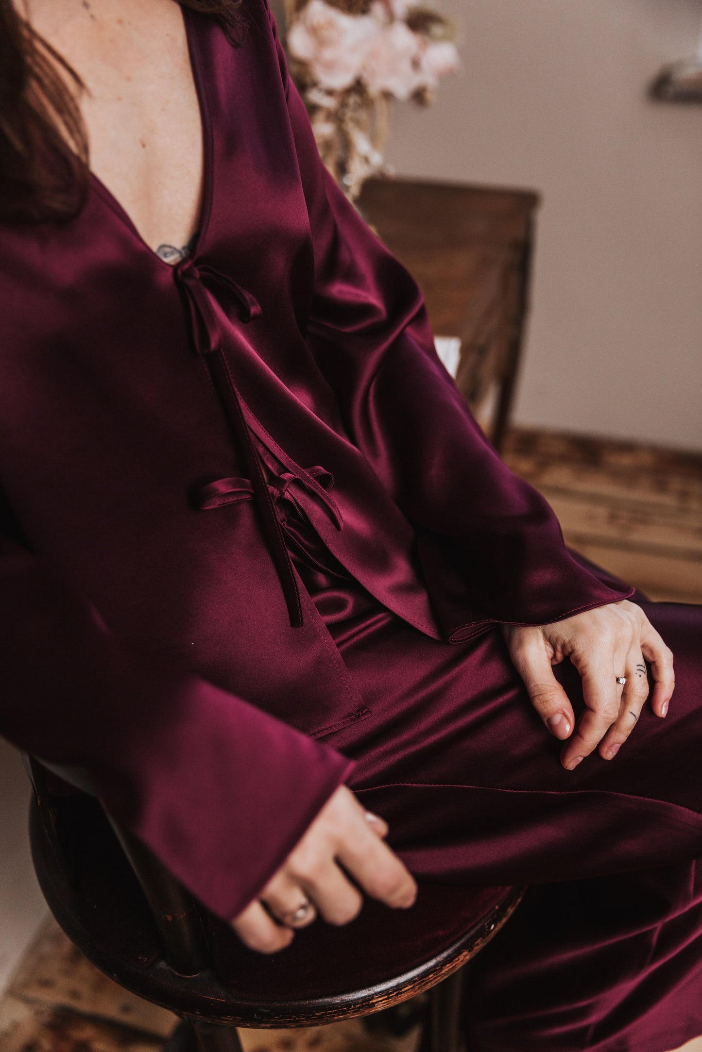 Silk Top with Ties at front and trousers, "Emma" Bordeaux