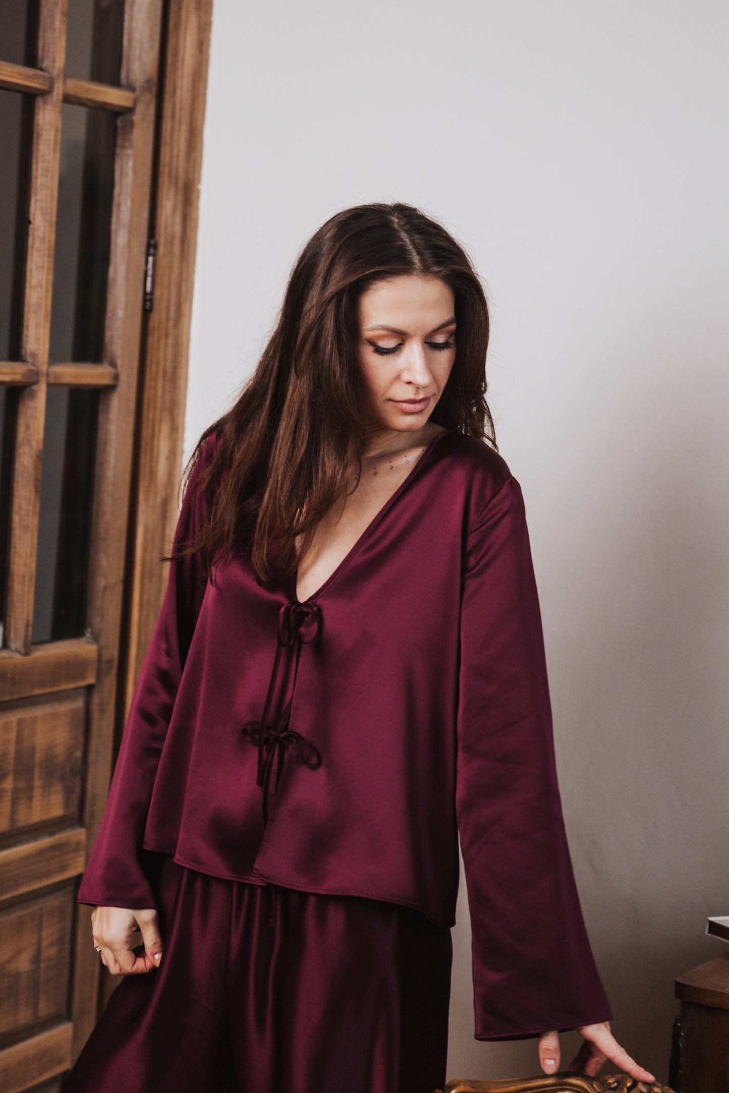 Silk Top with Ties at front and trousers, "Emma" Bordeaux