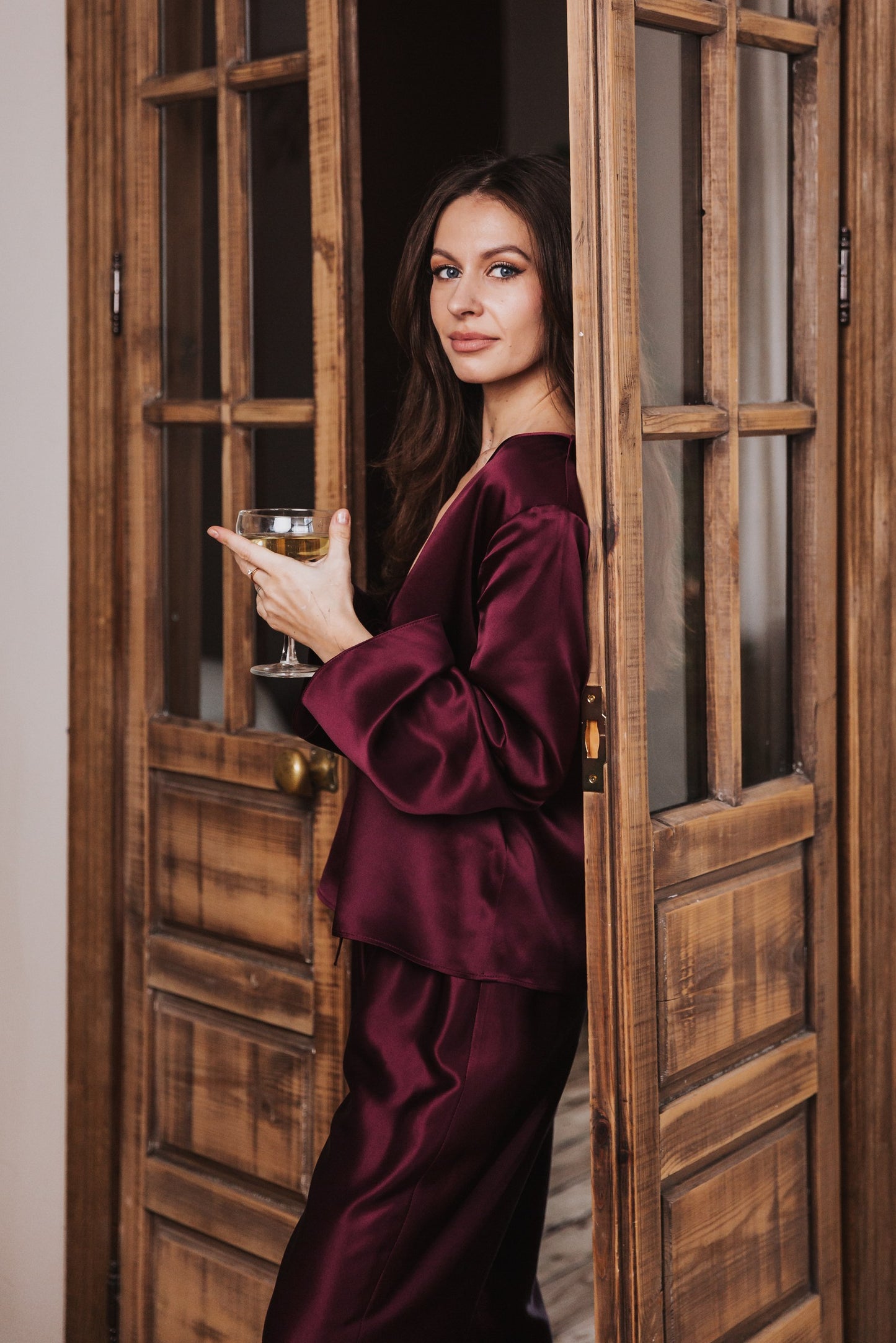 Silk Top with Ties at front and trousers, "Emma" Bordeaux
