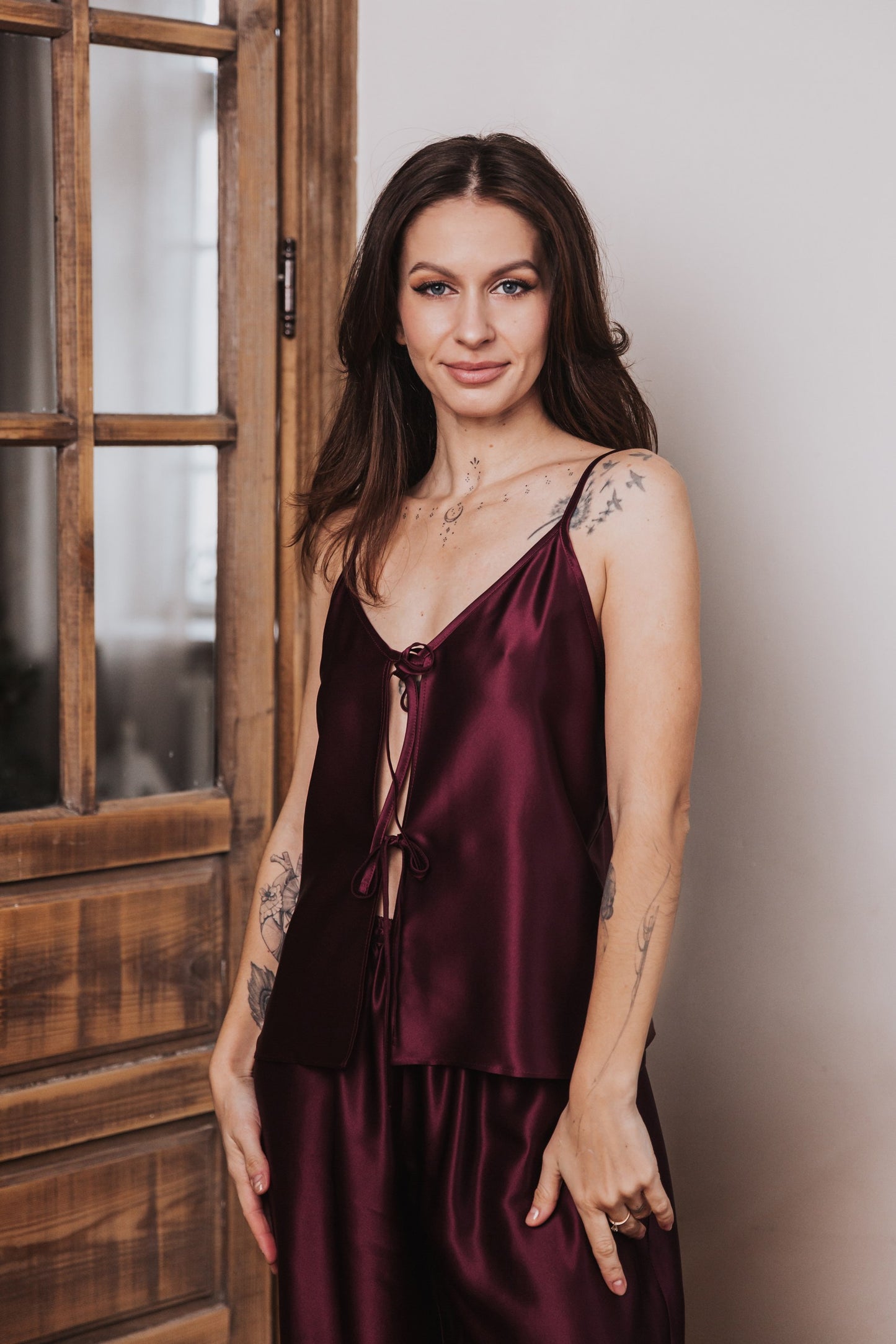 Silk Top with Ties at front and trousers, "Aurora" Bordeaux