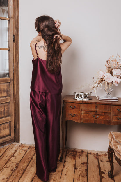 Silk Top with Ties at front and trousers, "Aurora" Bordeaux