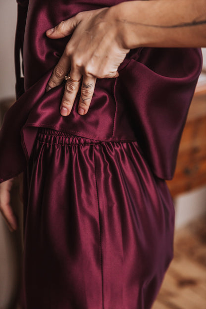 Silk Top with Ties at front and trousers, "Aurora" Bordeaux