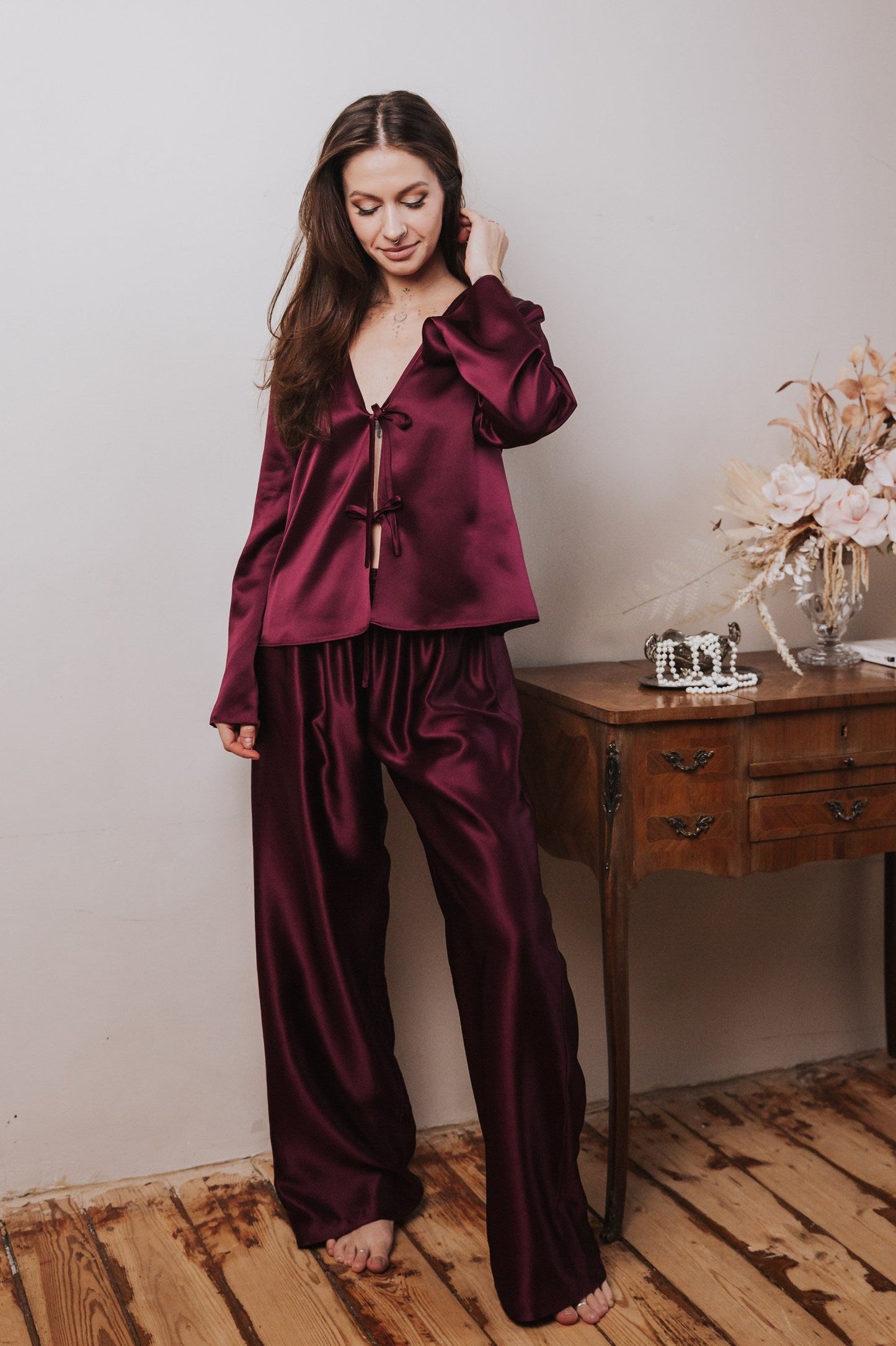 Silk Top with Ties at front and trousers, "Emma" Bordeaux