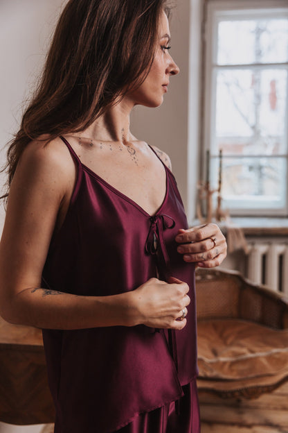 Silk Top with Ties at front and trousers, "Aurora" Bordeaux