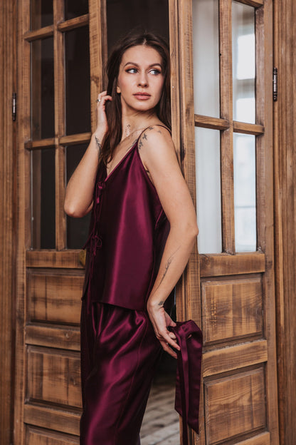 Silk Top with Ties at front and trousers, "Aurora" Bordeaux