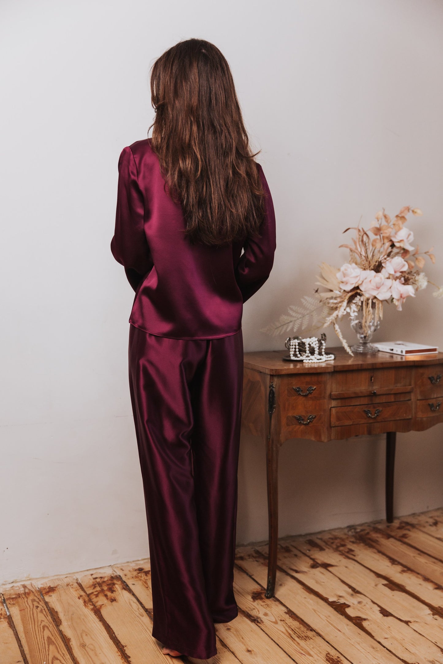 Silk Top with Ties at front and trousers, "Emma" Bordeaux
