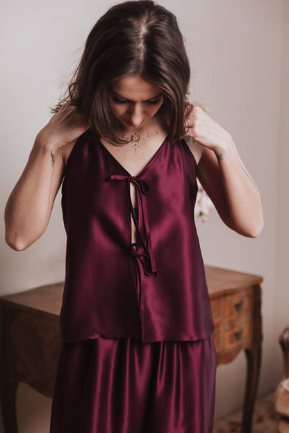 Silk Top with Ties at front and Shorts, "Aurora" Bordeaux