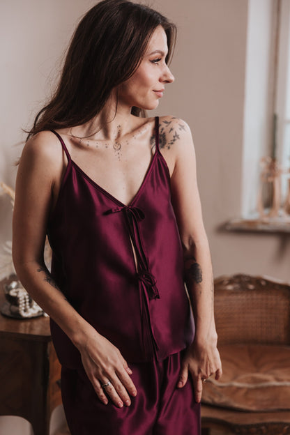 Silk Top with Ties at front and Shorts, "Aurora" Bordeaux
