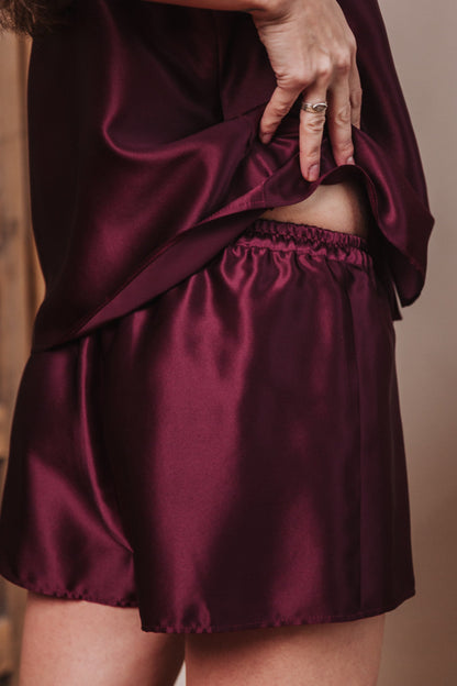 Silk Top with Ties at front and Shorts, "Aurora" Bordeaux